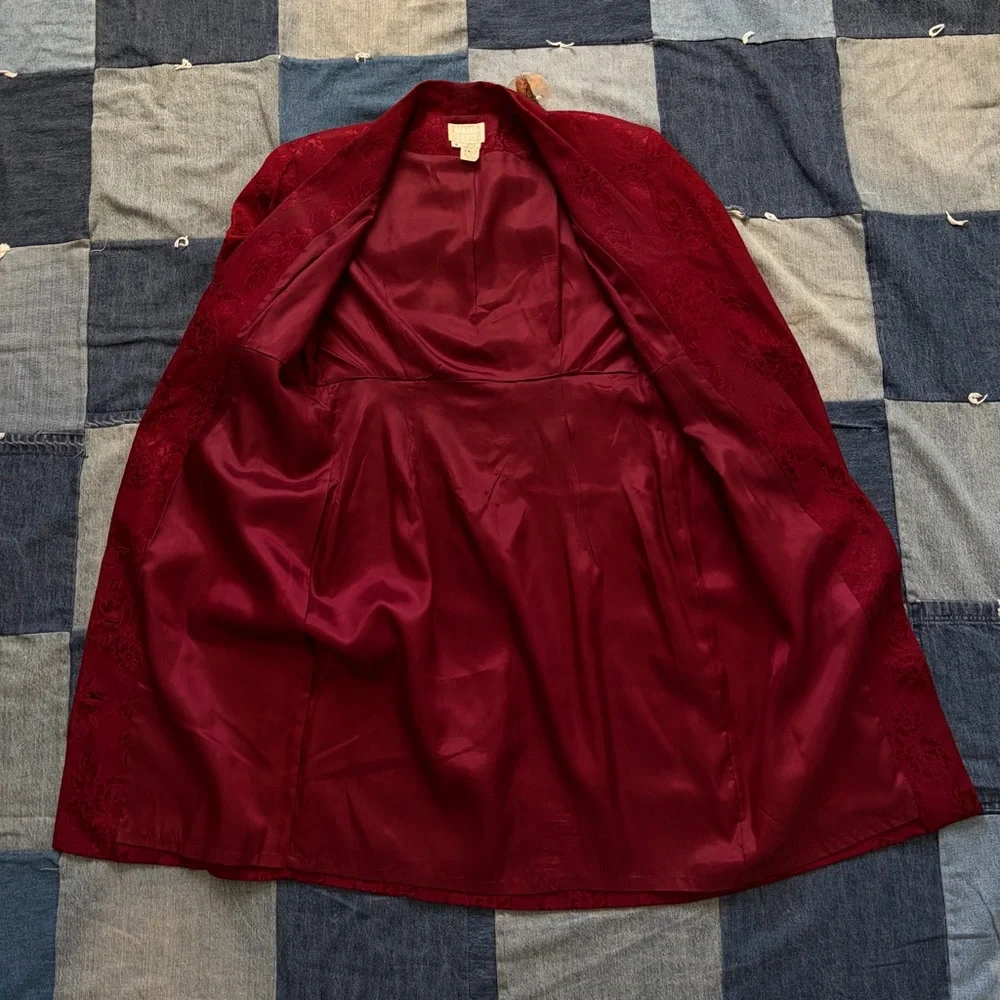 Moda International VTG 90s burgundy red floral long duster blazer size 8 - Picture 5 of 14